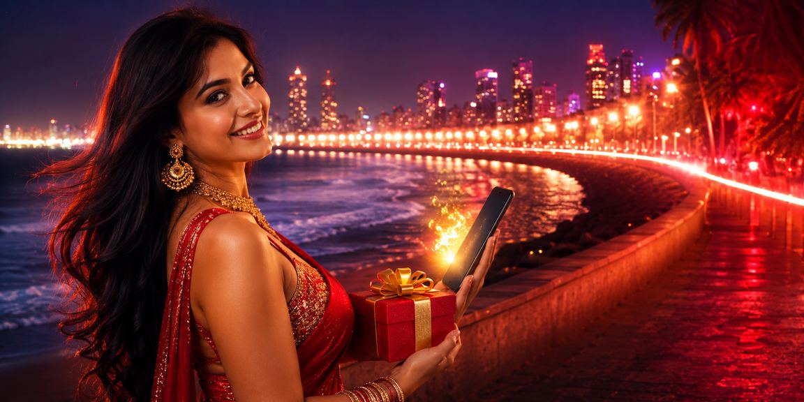Mumbai Marine Drive with Bollywood-themed casino deposit banner